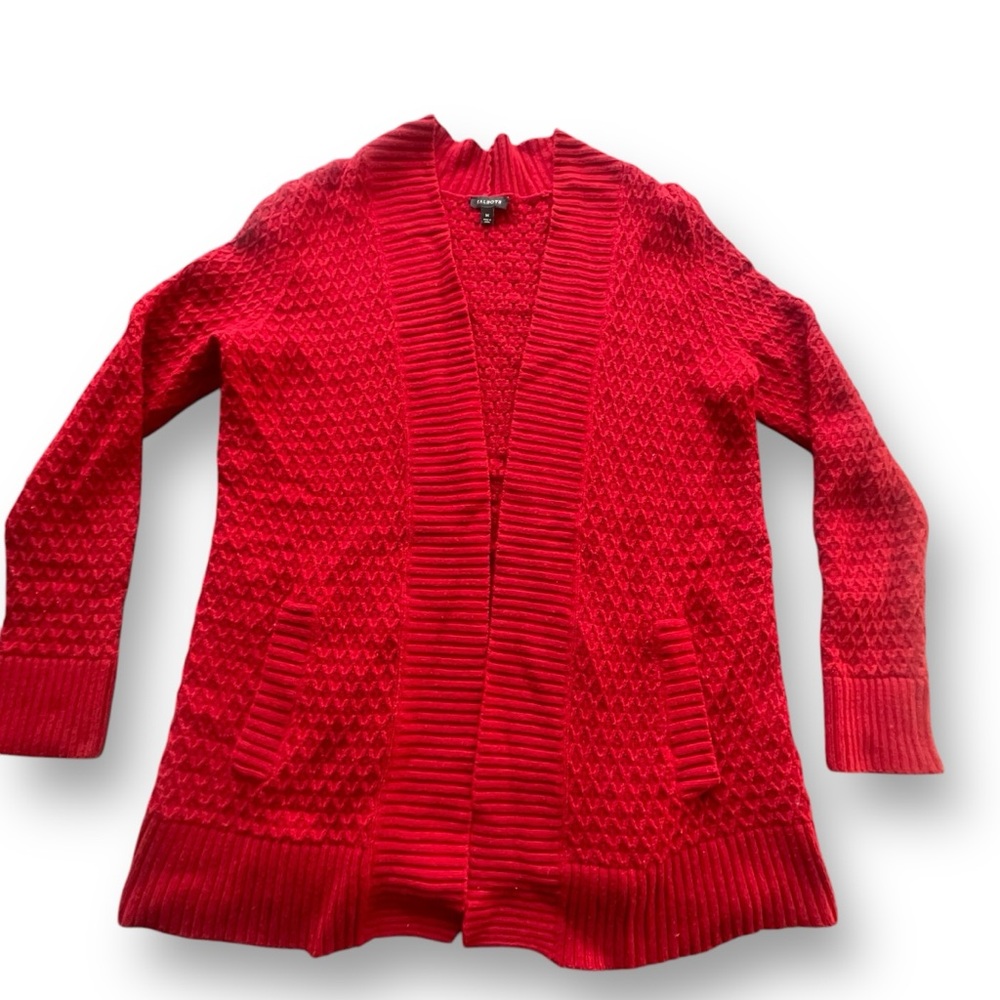 Talbots Red Textured Cableknit Open Front Cardigan Women’s Size Medium Holiday